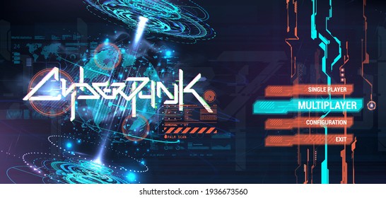 Cyberpunk-Menü-Benutzeroberfläche. Hologramm mit 3D Digital Earth Globe mit HUD-Schnittstelle und Inschrift Cyberpunk. Futuristische Benutzeroberflächen-Grafikvorlage mit Benutzermenü. Geeignet für Spiel, UI, UX, GUI. Vektorgrafik 