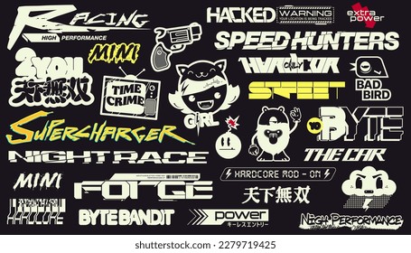 Cyberpunk motorsport decals set. Set of vector stickers and labels in futuristic style. Inscriptions and symbols. Japanese hieroglyphs - matchless.