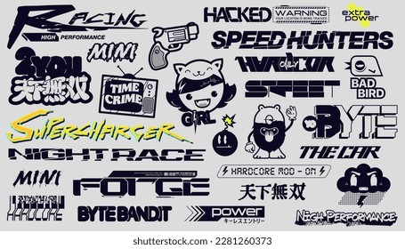 Cyberpunk motorsport decals set. Set of vector stickers and labels in futuristic style. Inscriptions and symbols. Japanese hieroglyphs for matchless.