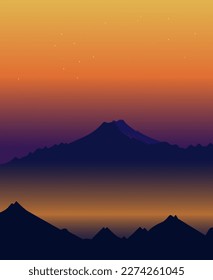 Cyberpunk mountain landscape at sunset. Futuristic retro poster