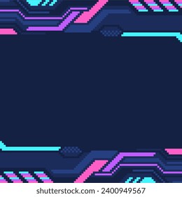 Cyberpunk Neon Hell Futuristic Mech Frame Template, dunkelblauer Hintergrund, Pixel Art Style