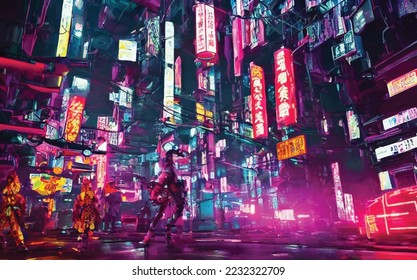 Cyberpunk Neon City Nacht. Futuristische Stadt-Szene in einem Stil der Pixelkunst. Bildschirmhintergrund der 80er Jahre. Retro zukünftige 3D-Illustration. Urbane Szene.