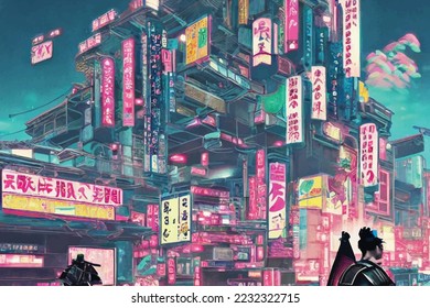 Cyberpunk neon city night. Futuristic city scene in a style of pixel art. 80's wallpaper. Retro future 3D illustration. Urban scene.