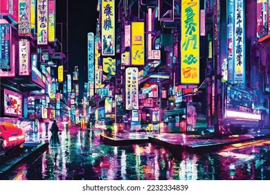 Cyberpunk neon city night. Futuristic city scene in a style of pixel art. 80's wallpaper. Retro future 3D illustration. Urban scene.