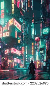 Cyberpunk neon city night. Futuristic city scene in a style of pixel art. 80's wallpaper. Retro future illustration. Urban scene.