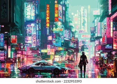 Cyberpunk Neon City Nacht. Futuristische Stadt-Szene in einem Stil der Pixelkunst. Bildschirmhintergrund der 80er Jahre. Zurück zur zukünftigen Illustration. Urbane Szene.