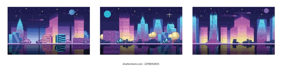 Cyberpunk neon city night. Futuristic city scene in a style of pixel art. Pixel art game background. Street in a cyberpunk city. Pixel art set illustration of cityscape at night with skyscrapers