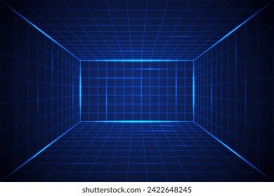 Cyberpunk neon grid background. Futuristic wireframe 80s style. Retro wave cyber blue surface.