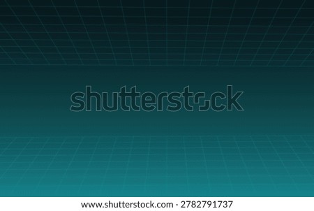 Cyberpunk neon grid and sci-fi perspective background vector. Retro futuristic 80s synthwave style dark cyan gradient wallpaper for gaming and technology banner.