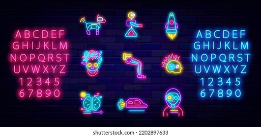 Cyberpunk neon icons collection. Robot dog and flying car. Shiny pink and blue alphabet. Exoskeleton and high tech technology. Vr games. Glowing effect labels set. Vector stock illustration