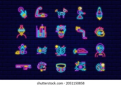 Cyberpunk neon icons set. Exoskeleton and high tech technology. Night bright signboard. Isolated vector illustration