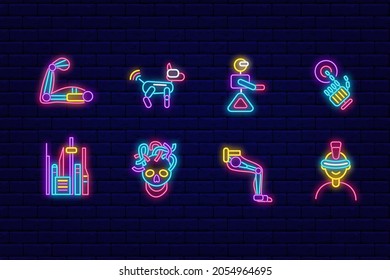 Cyberpunk neon icons set. Exoskeleton and animal robot. Night bright signboard. Outer glowing effect collection. Editable stroke. Isolated vector stock illustration