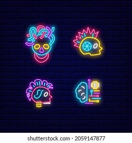 Cyberpunk neon icons set. Skull with mohawk collection. Night bright signboard. Outer glowing effect pack. Editable stroke. Isolated vector stock illustration
