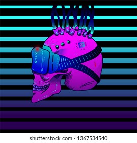 Cyberpunk neon skull with virtual reality glasses in profile