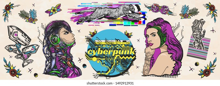 Cyberpunk. Old school tattoo vector collection. Cyborg, robot girl, web camera and running cheetah, glitch style. Dark future art. Traditional tattooing style 