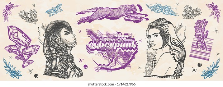 Cyberpunk. Old school tattoo vector collection. Dark future art. Cyborg, robot girl, web camera and running cheetah, glitch style. Traditional tattooing style 