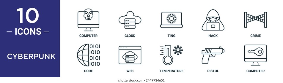 el conjunto de iconos de esquema cyberpunk incluye ordenador de línea delgada, nube, ting, hackeo, delito, código, iconos web para informe, presentación, diagrama, Diseño web