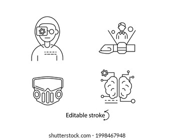 Cyberpunk outline icons set. Bio-robot gadgets. Futuristic world concept. Customizable linear contour symbols collection. Editable stroke. Isolated vector stock illustration