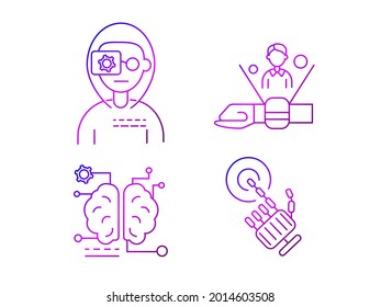 Cyberpunk Outline Icons Set. Futuristic Watch. Exoskeleton And High Tech Technology. Bio-robot Gadgets. Gradient Linear Purple Contour Symbols Collection. Isolated Vector Stock Illustration