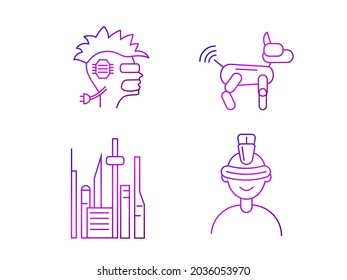 Cyberpunk outline icons set. Futuristic city. Robot dog. People avatar with mohawk. Gradient linear purple contour symbols collection. Isolated vector stock illustration