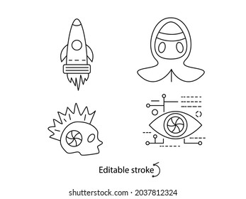 Cyberpunk outline icons set. Futuristic rocket. Skull and hood with mask. Digital eye. Customizable linear contour symbols collection. Editable stroke. Isolated vector stock illustration