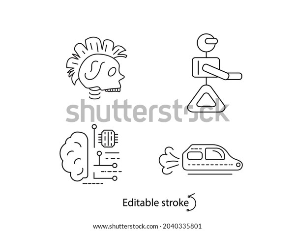 Cyberpunk outline icons set. Futuristic\
flying car.High tech technology brain. Skull with mohawk.\
Customizable linear contour symbols collection. Editable stroke.\
Isolated vector stock\
illustration