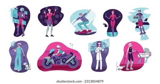 Cyberpunk people flat set of human characters in futuristic outfit isolated vector illustration