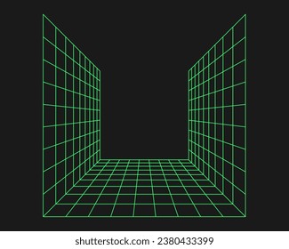 Cyberpunk perspective grid. Cyber geometry y2k element. Isolated style on black background. Vector trendy illustration.