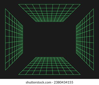 Cyberpunk perspective grid. Cyber geometry y2k element. Isolated style on black background. Vector trendy illustration.