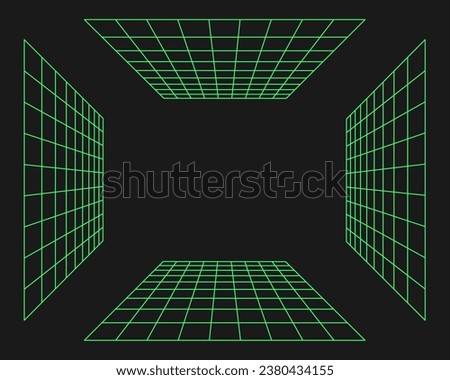 Cyberpunk perspective grid. Cyber geometry y2k element. Isolated style on black background. Vector trendy illustration.