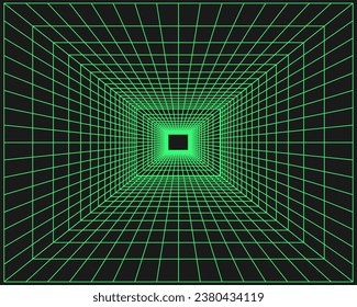 Cyberpunk perspective tunnel. Cyber geometry y2k element. Isolated style on black background. Vector trendy illustration.