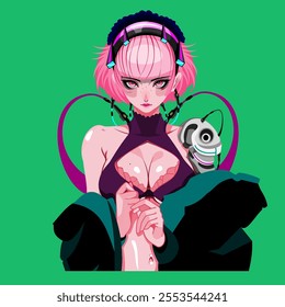 cyberpunk pink girl cartoon character in anime style