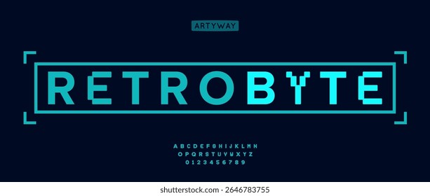 Cyberpunk pixel alphabet, geometric digital numbers letters set, retro gaming font with bold LED style, matrix typeface for tech video game headline, arcade console typography. Vector typeset.