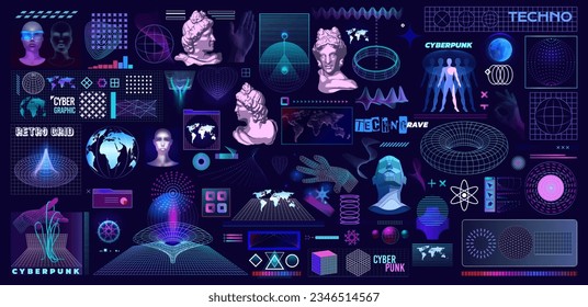 Cyberpunk poster. Abstract grid design. 3D retro line graphic. Modern and techno rave. Wireframe geometric shapes. Face sculptures. Cyber elements set. Vector grunge exact background