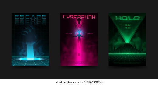 Cyberpunk Poster Set. Futuristic Retrowave Vivid Layouts For Electronic Music Events. Virtual Reality Concept. Design For Flyer, Cover. Vector.