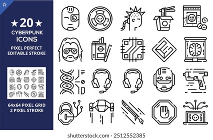 Cyberpunk purple icons set. Futuristic city. Exoskeleton and high tech technology. Customizable linear contour symbols collection. Editable stroke. Isolated vector stock illustration