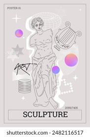 A cyberpunk, retro 90s aesthetic animates this Y2K 2000 vector poster, merging a Greco-Roman sculpture with futuristic neon and geometric patterns.