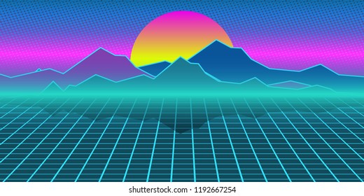 Cyberpunk retro computer background. Mountains, plain and sun. Pop art vector illustration vintage kitsch