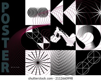 Cyberpunk retro futurism set. Modern trendy monochrome geometric shapes. Abstract digital elements for web banner, posters, cover design, futuristic memphis.