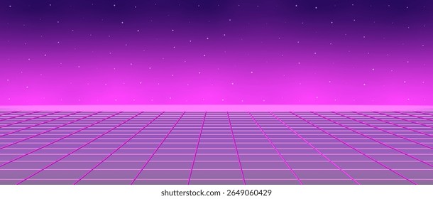 Cyberpunk retro futuristic background with neon grid, glowing pink horizon and starry sky. Inspired by synthwave and vaporwave aesthetics, perfect for sci-fi and tech designs.