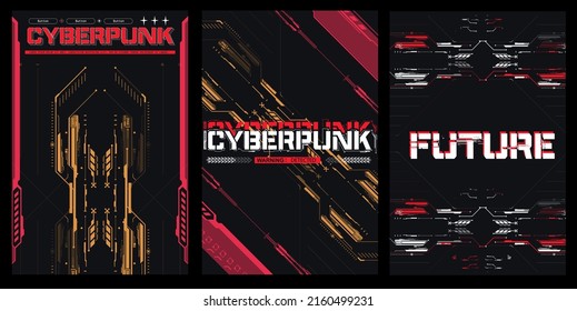 Cyberpunk retro futuristic poster set abstract cosmic shapes. Digital technology design elements hud style. Game design, futuristic text. Futuristic background design for games. Vector illustration