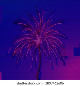 Cyberpunk retro futuristic scene. Abstract neon palm tree against glitched blue purple background. Colorful techno backdrop with aesthetics of vaporwave style of 80's.