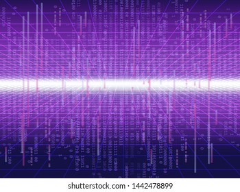 Cyberpunk retrofuturistic technology background. Perspective laser grid going into infinity horizon skyline, glitch VHS compression artifact. Retrowave/ vaporwave/ synthwave style vector illustration.