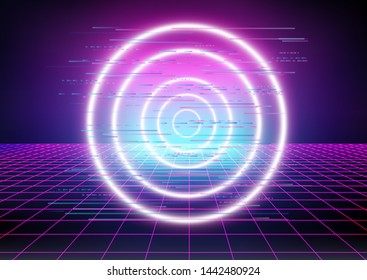 Cyberpunk retrofuturistic technology background. Perspective neon laser grid going into infinity horizon skyline. Retrowave/ vaporwave/ synthwave style vector illustration.