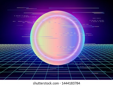 Cyberpunk retrofuturistic technology background. Perspective neon laser grid going into infinity horizon skyline. Retrowave/ vaporwave/ synthwave style vector illustration.