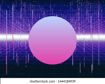 Cyberpunk retrofuturistic technology background. Perspective neon laser grid going into infinity horizon skyline. Retrowave/ vaporwave/ synthwave style vector illustration.