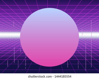 Cyberpunk retrofuturistic technology background. Perspective neon laser grid going into infinity horizon skyline. Retrowave/ vaporwave/ synthwave style vector illustration.