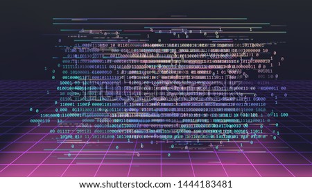 Cyberpunk retrofuturistic technology background. Perspective neon laser grid going into infinity horizon skyline. Retrowave/ vaporwave/ synthwave style vector illustration.
