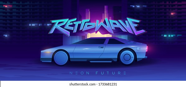 Cyberpunk and retrowave style illustration. Futuristic concept car on a background with a night city