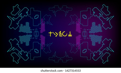 cyberpunk robot futuristic interface abstract geometric pattern and fictional hieroglyphs
